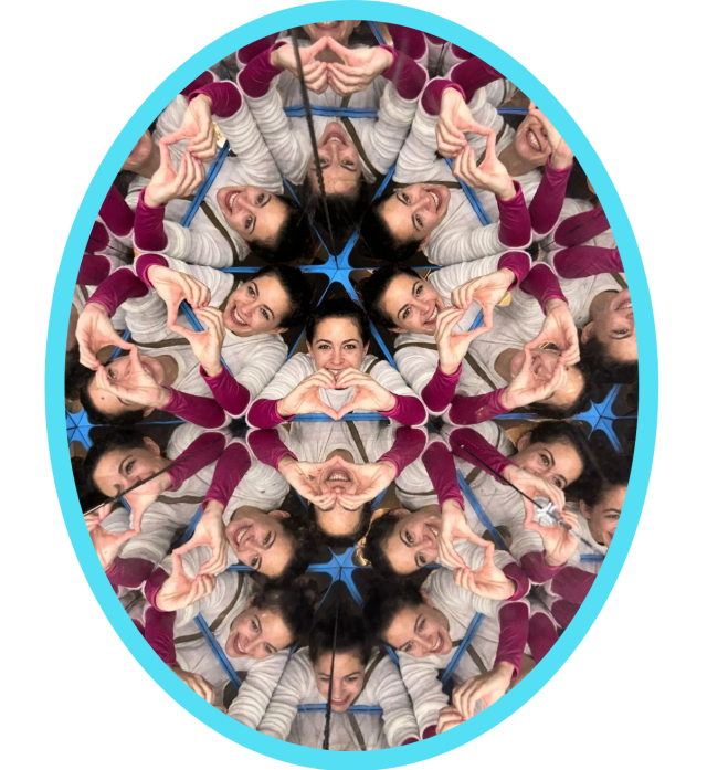 Kaleidoscope pattern with multiple faces in circular design.