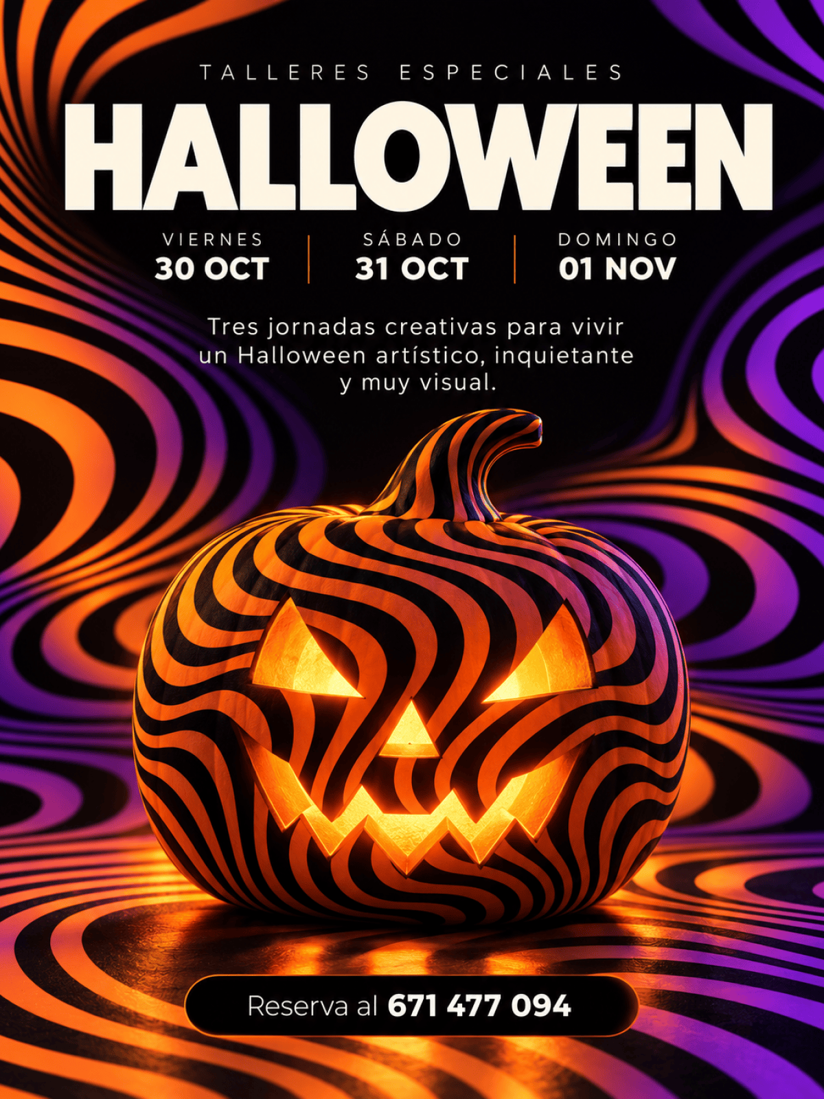 Striped pumpkin with glowing face, wavy background, Halloween event details.