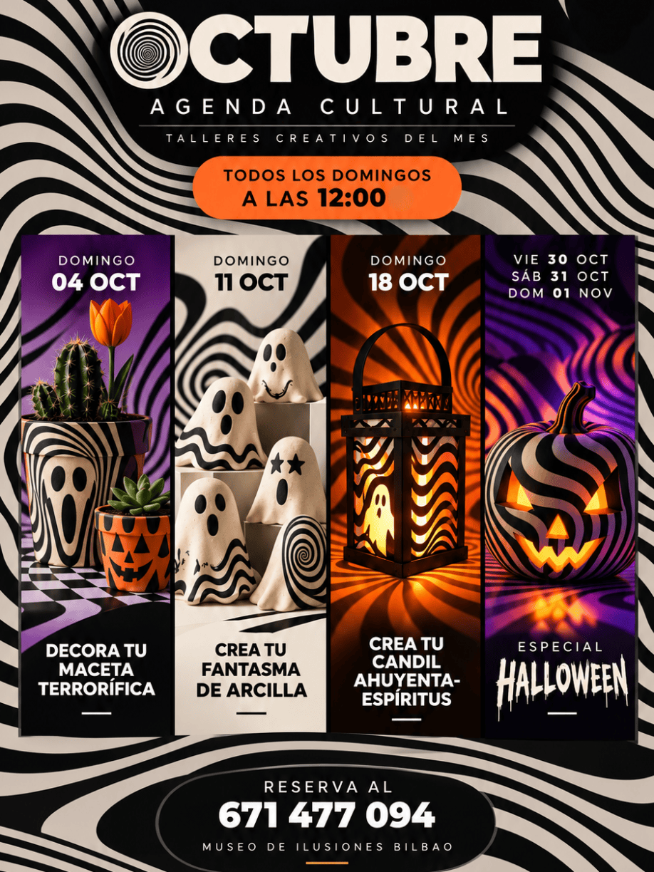 Museo de Ilusiones Bilbao October cultural agenda with Halloween-themed workshops and decorations.