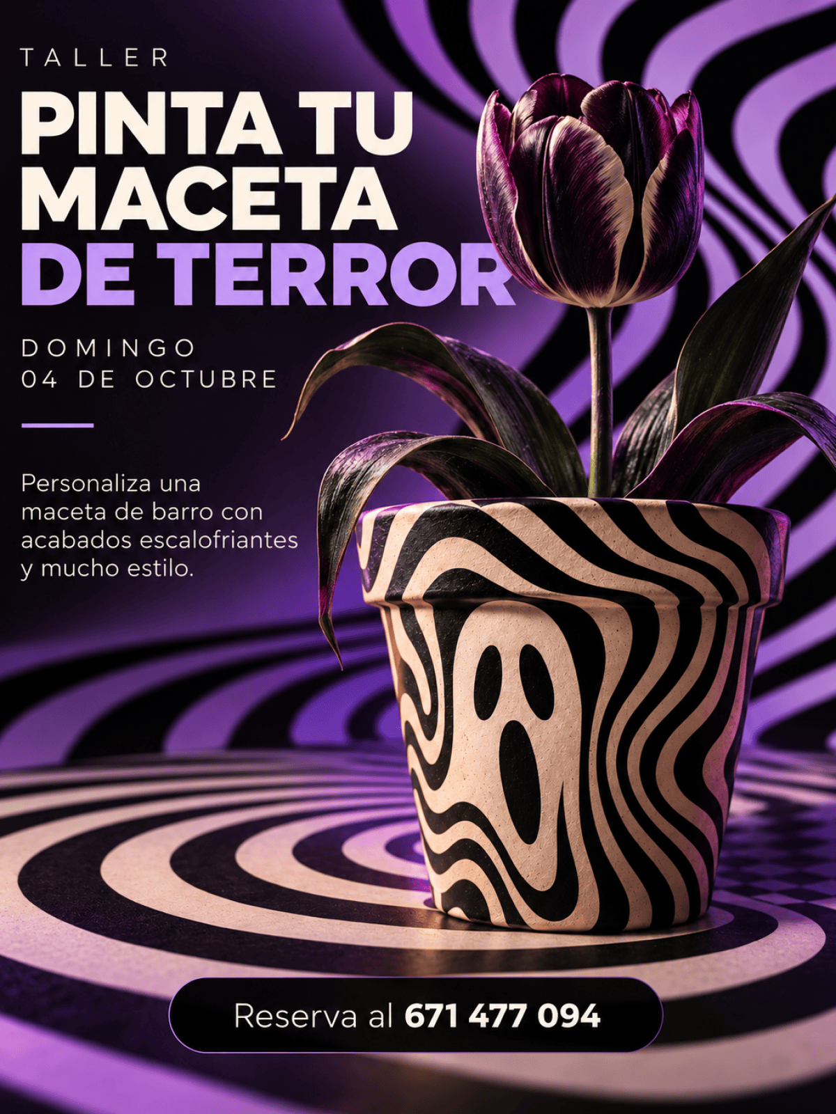 Tulip in a pot with black and white swirl design on purple background.