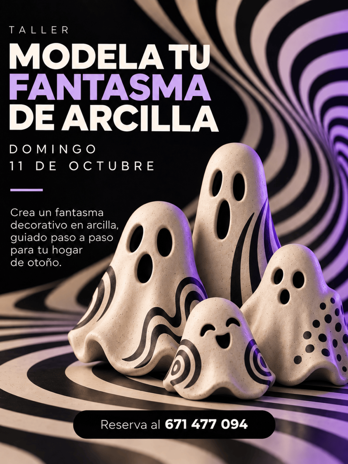 Clay ghosts with patterns on a swirled black and white background, workshop advertisement.