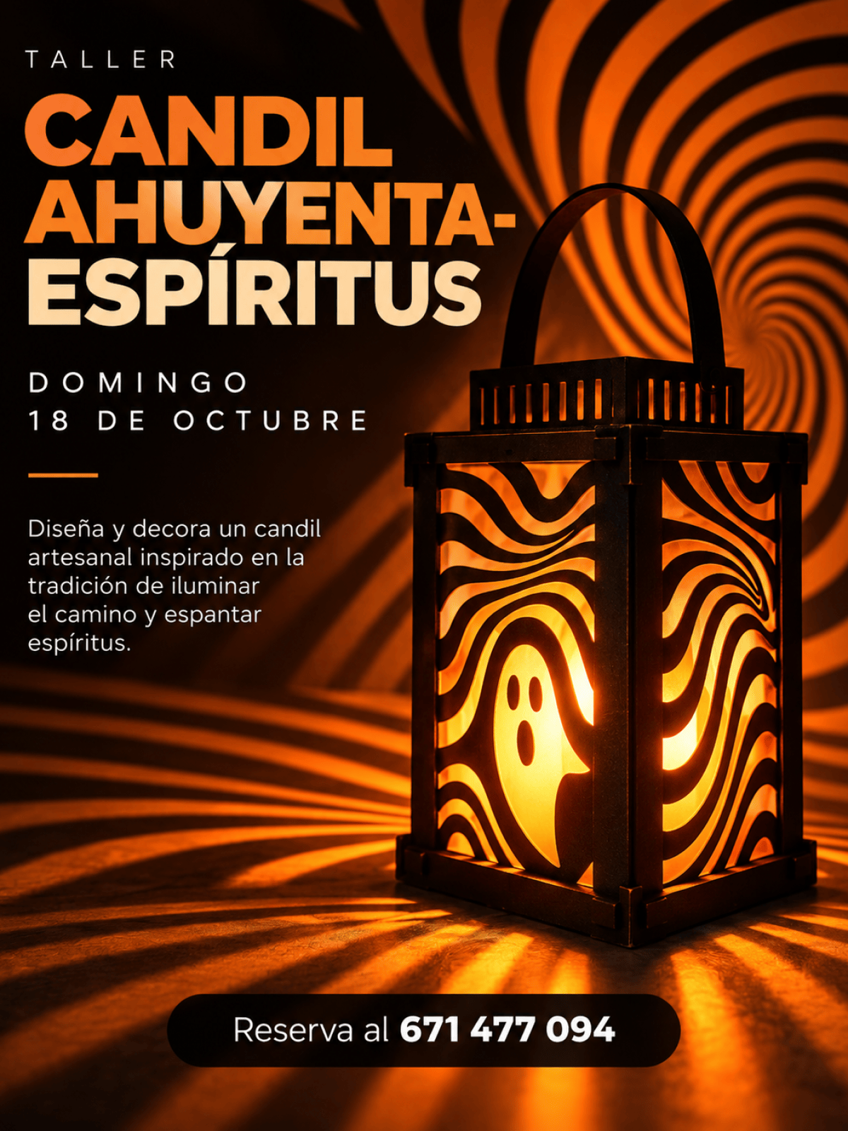Ghost lantern with swirling pattern, workshop details above and contact number below.